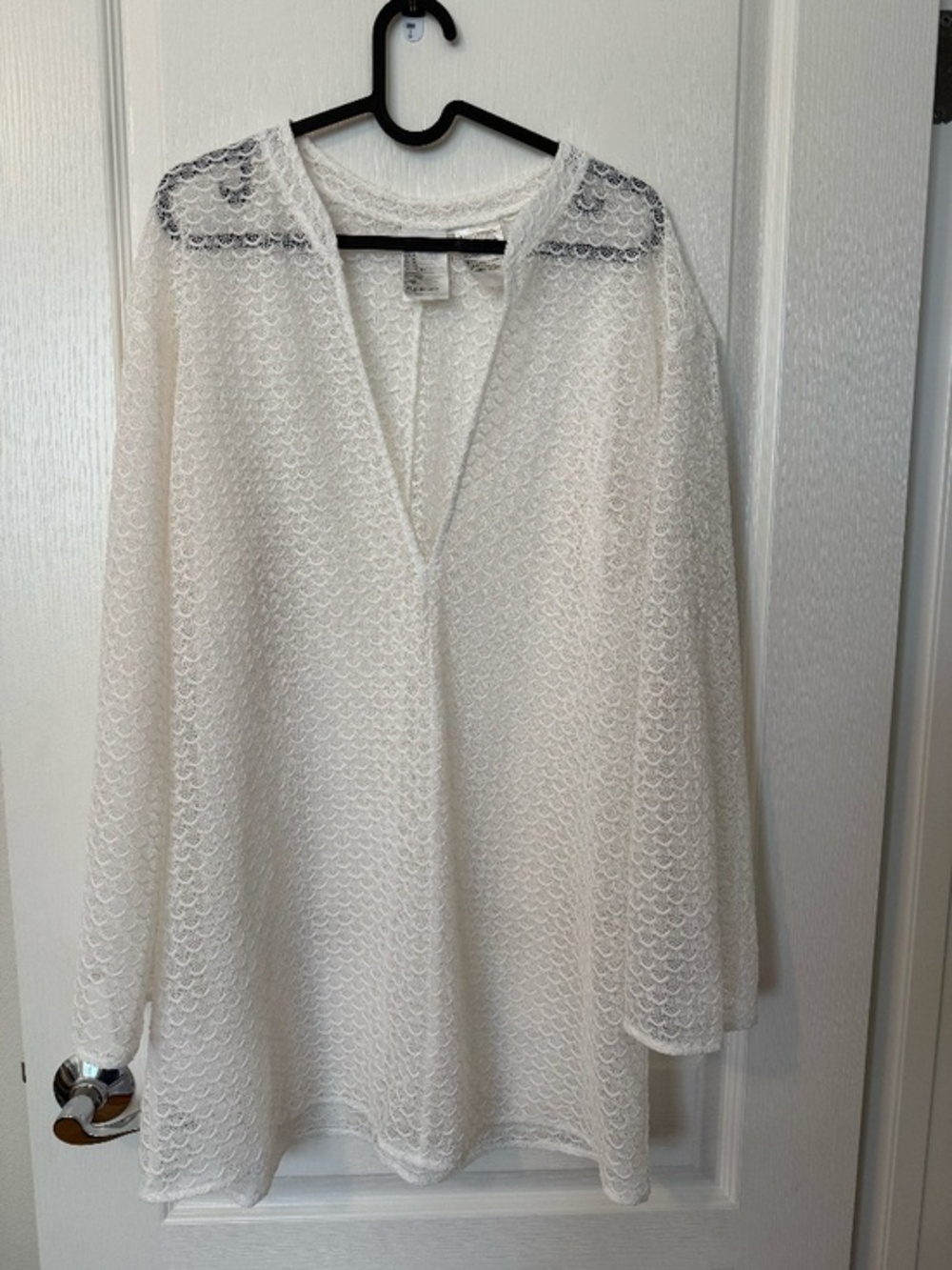 White Crochet Lace Pullover Beach Cover-Up Sheer Scallop Boho Coastal S